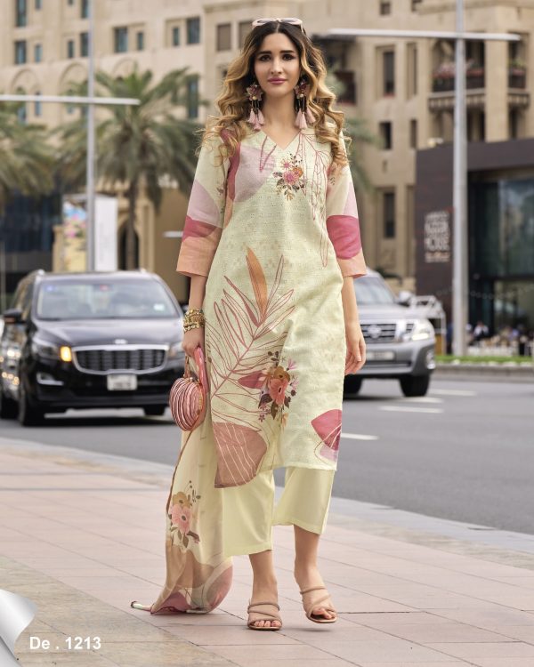 Elegance Party Wear Stitched Linen With Borer Schiffli Work Kurti With Imported Bottom And Printed Dupatta For Women