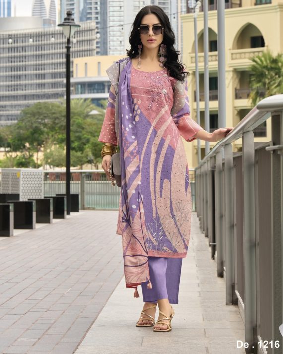 Elegance Party Wear Stitched Linen With Borer Schiffli Work Kurti With Imported Bottom And Printed Dupatta For Women