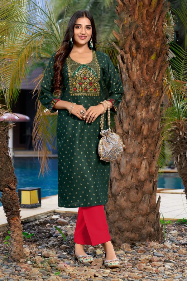 Beautiful Colours Combination Latest Kurti Collection For Women's Wear Rayon With Gold Printed Kurti Pent Set