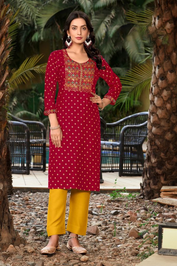 Beautiful Colours Combination Latest Kurti Collection For Women's Wear Rayon With Gold Printed Kurti Pent Set