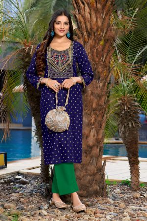 Beautiful Colours Combination Latest Kurti Collection For Women's Wear Rayon With Gold Printed Kurti Pent Set