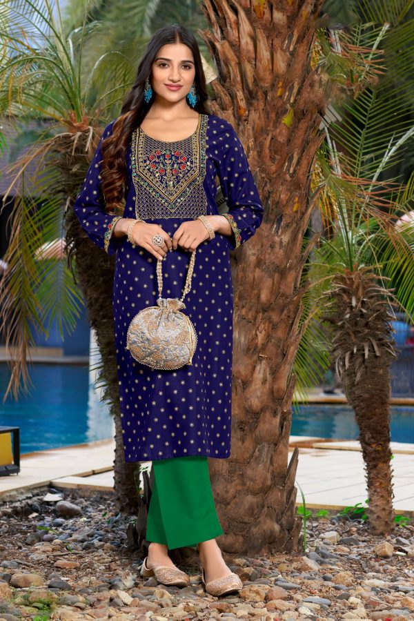 Beautiful Colours Combination Latest Kurti Collection For Women's Wear Rayon With Gold Printed Kurti Pent Set