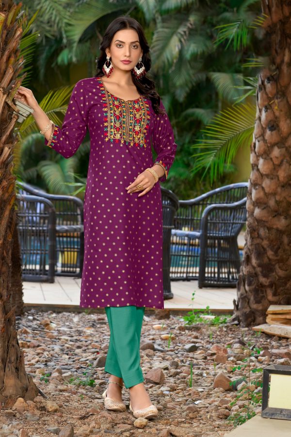 Beautiful Colours Combination Latest Kurti Collection For Women's Wear Rayon With Gold Printed Kurti Pent Set