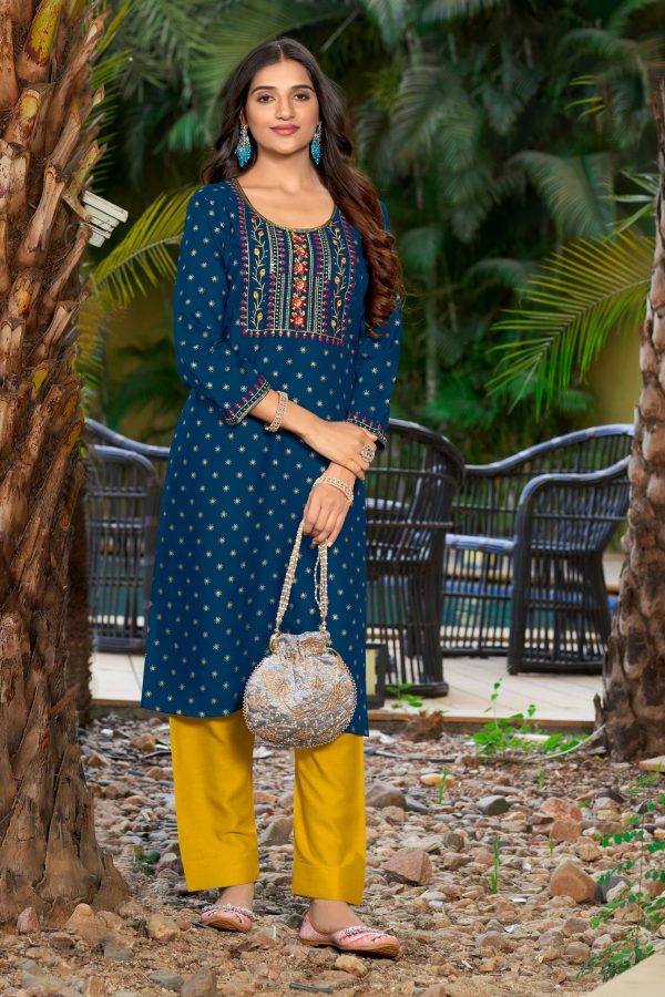Beautiful Colours Combination Latest Kurti Collection For Women's Wear Rayon With Gold Printed Kurti Pent Set