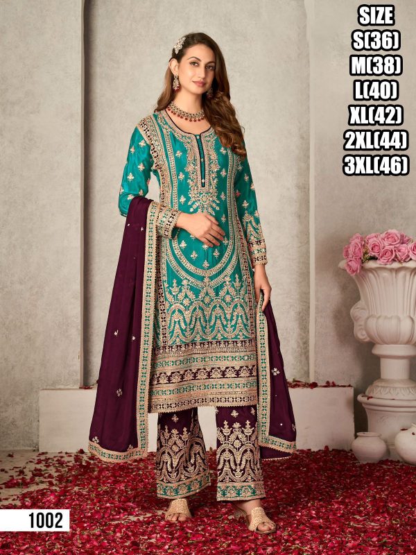 Three Piece Stitched Chinnon Silk Salwar Kameez Readymade Function Wear Straight Kurti, Pent & Dupatta