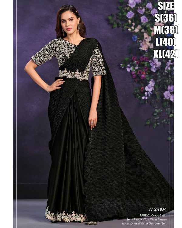 Satin Crepe Silk Stitched Saree With Cord, Sequence And Thread With Stone & Moti Worked Blouse For Parties.