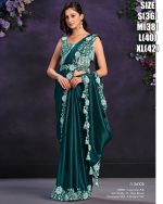 Satin Crepe Silk Stitched Saree With Cord, Sequence And Thread With Stone & Moti Worked Blouse For Parties.