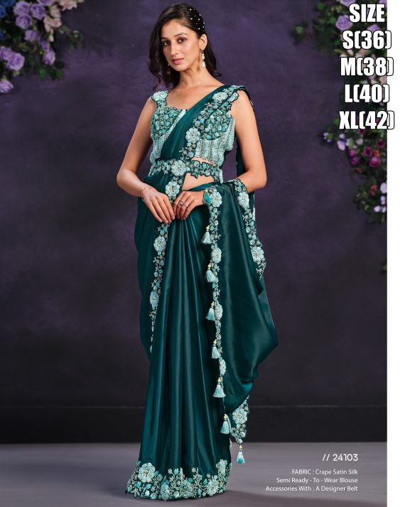 Satin Crepe Silk Stitched Saree With Cord, Sequence And Thread With Stone & Moti Worked Blouse For Parties.