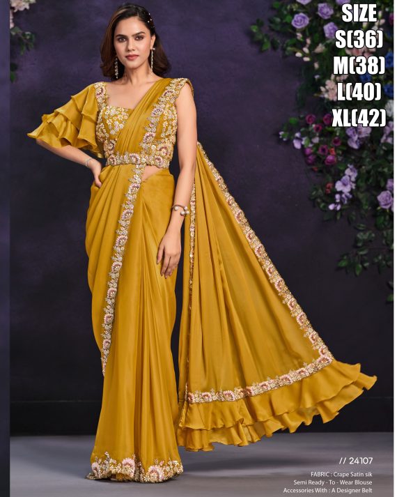 Satin Crepe Silk Stitched Saree With Cord, Sequence And Thread With Stone & Moti Worked Blouse For Parties.