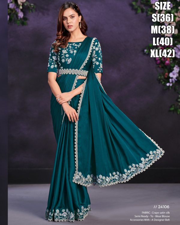 Satin Crepe Silk Stitched Saree With Cord, Sequence And Thread With Stone & Moti Worked Blouse For Parties.