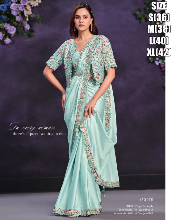 Satin Crepe Silk Stitched Saree With Cord, Sequence And Thread With Stone & Moti Worked Blouse For Parties.