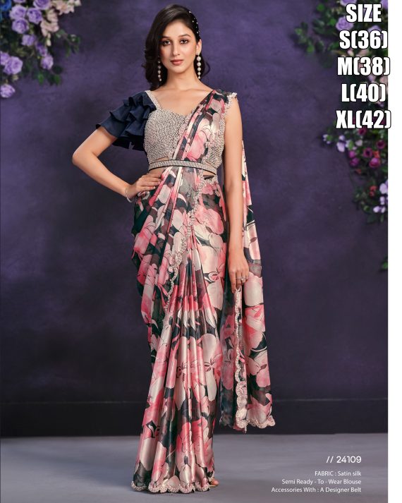 Satin Crepe Silk Stitched Saree With Cord, Sequence And Thread With Stone & Moti Worked Blouse For Parties.