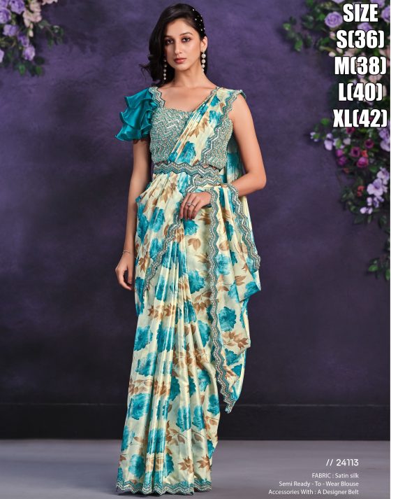 Satin Crepe Silk Stitched Saree With Cord, Sequence And Thread With Stone & Moti Worked Blouse For Parties.
