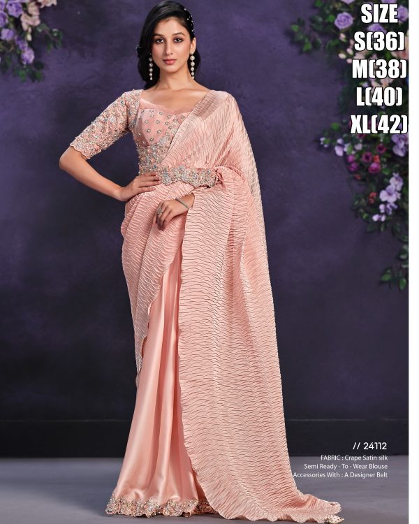 Satin Crepe Silk Stitched Saree With Cord, Sequence And Thread With Stone & Moti Worked Blouse For Parties.