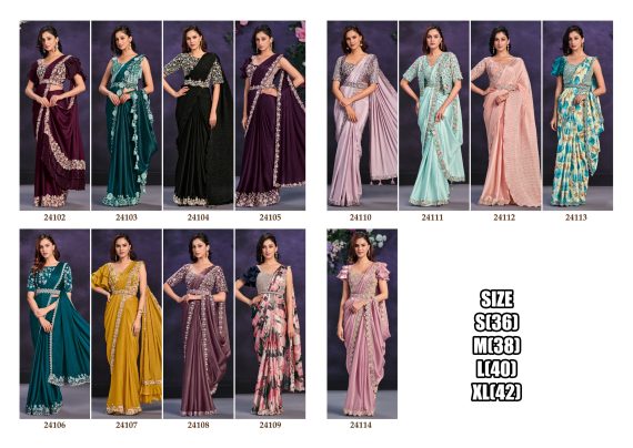 Satin Crepe Silk Stitched Saree With Cord, Sequence And Thread With Stone & Moti Worked Blouse For Parties.