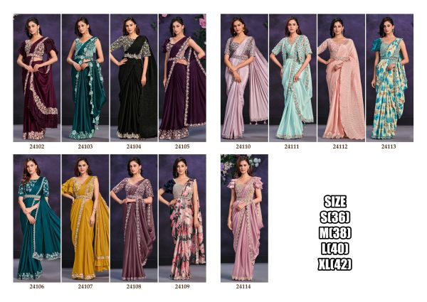 Satin Crepe Silk Stitched Saree With Cord, Sequence And Thread With Stone & Moti Worked Blouse For Parties.