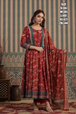 Heavy Cotton Red Floral Design Embroidered Kurti Set With Jacket