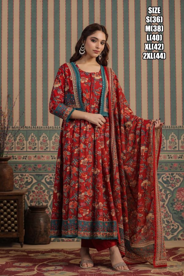 Heavy Cotton Red Floral Design Embroidered Kurti Set With Jacket