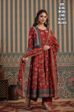 Heavy Cotton Red Floral Design Embroidered Kurti Set With Jacket