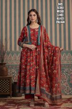 Heavy Cotton Red Floral Design Embroidered Kurti Set With Jacket