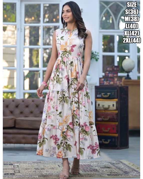 Stylish Floral Printed Sleeveless Casual Gown Maxi Ethnic Dresses