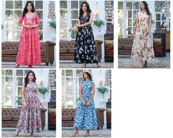 Stylish Floral Printed Sleeveless Casual Gown Maxi Ethnic Dresses