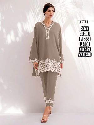 Chanderi Embroidered Designer V-Neck Top Pent Set, Cord Set