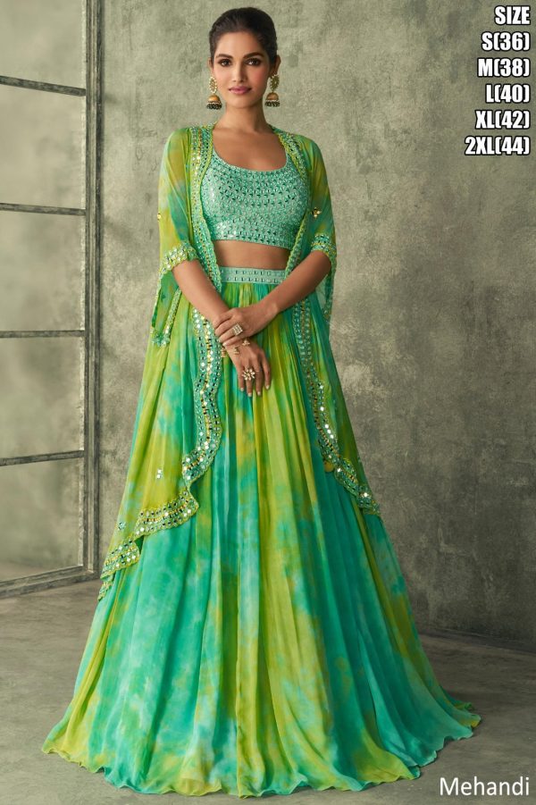 Green Georgette Colourful Shrug Set To Wear In Mehendi Function Special