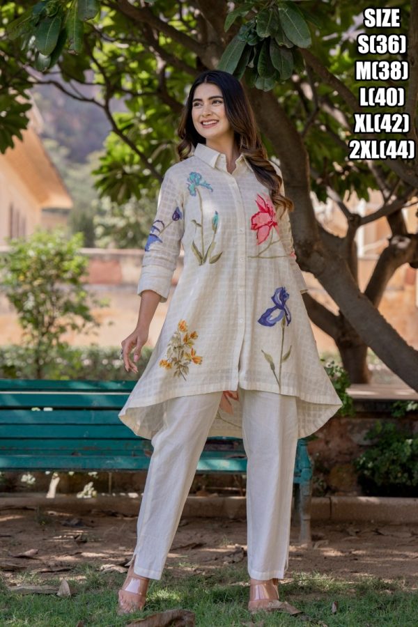 This Two Piece Set Includes Top And Pent, White Cotton Top With Turn Down Collar Neck Top With Pent