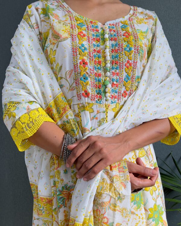 Designer Stitched Pure Lakhnavi Cotton With Flaired Kurti Pent Set, Women's Indian Clothing