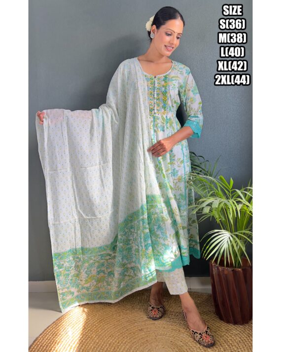Designer Stitched Pure Lakhnavi Cotton With Flaired Kurti Pent Set, Women's Indian Clothing