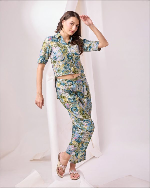 Women's Stylish Western Cord Set Trending Printed Work Cotton Top Pant Set