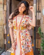 Heavy Mirror Work And Digital Printed Midi Dress With Designer Kaftan Jacket