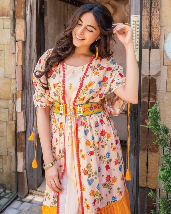 Heavy Mirror Work And Digital Printed Midi Dress With Designer Kaftan Jacket