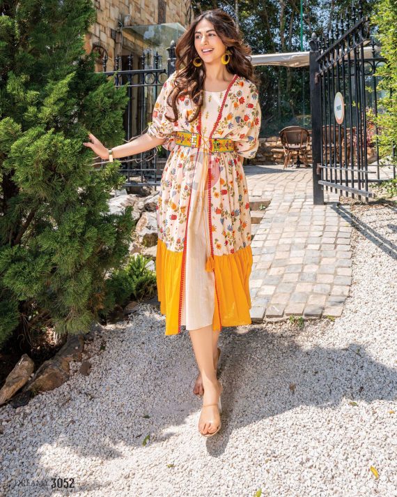 Heavy Mirror Work And Digital Printed Midi Dress With Designer Kaftan Jacket