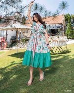 Heavy Mirror Work And Digital Printed Midi Dress With Designer Kaftan Jacket