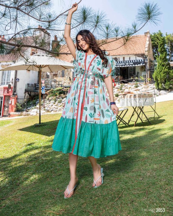 Heavy Mirror Work And Digital Printed Midi Dress With Designer Kaftan Jacket