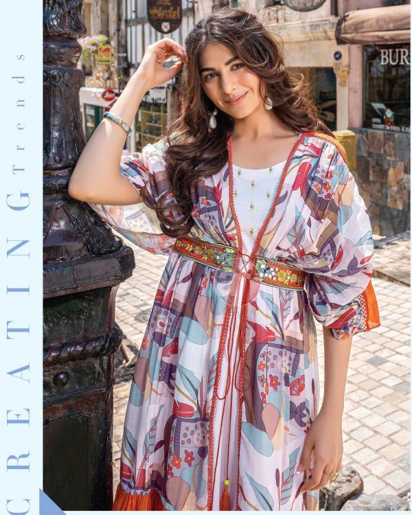 Heavy Mirror Work And Digital Printed Midi Dress With Designer Kaftan Jacket