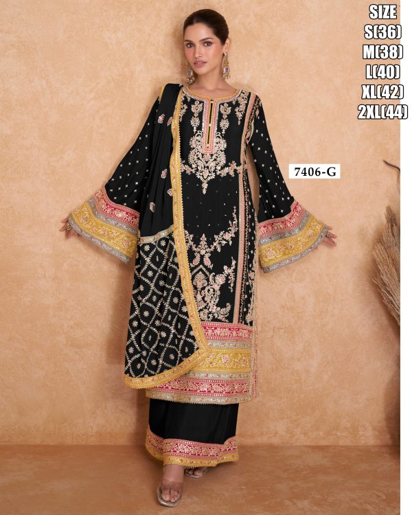 Kurta And Plaza Premium Chinon Silk Embroidered Crew Neck Occasional Set