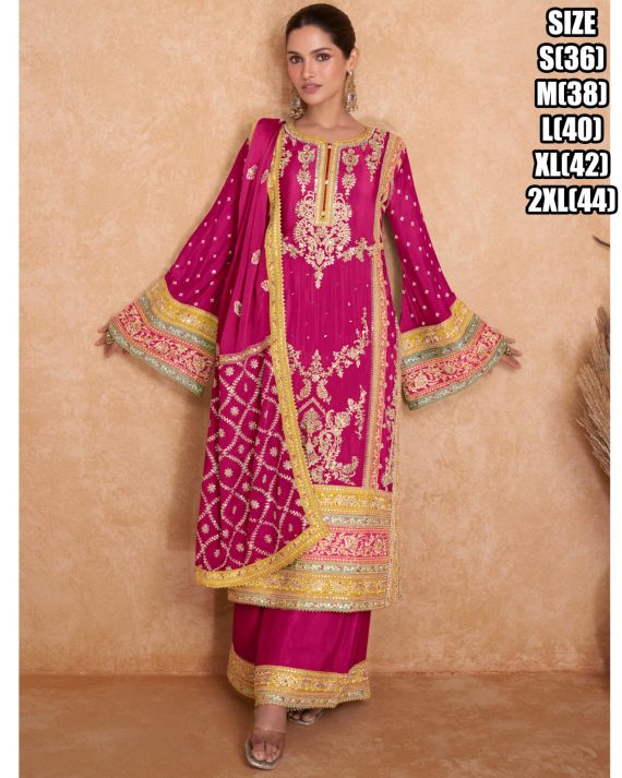 Kurta And Plaza Premium Chinon Silk Embroidered Crew Neck Occasional Set