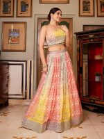 Party Wear Multi Coloured Leheriya Embroidered With Printed Organza Silk Lehenga Choli