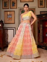 Party Wear Multi Coloured Leheriya Embroidered With Printed Organza Silk Lehenga Choli