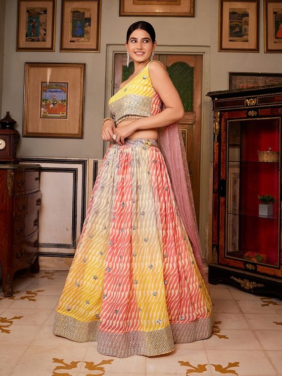 Party Wear Multi Coloured Leheriya Embroidered With Printed Organza Silk Lehenga Choli