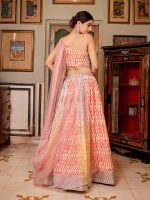 Party Wear Multi Coloured Leheriya Embroidered With Printed Organza Silk Lehenga Choli