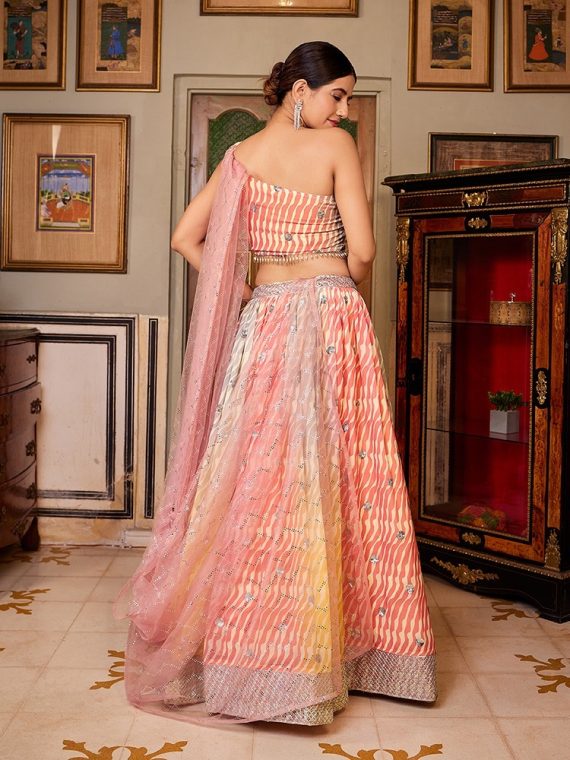 Party Wear Multi Coloured Leheriya Embroidered With Printed Organza Silk Lehenga Choli