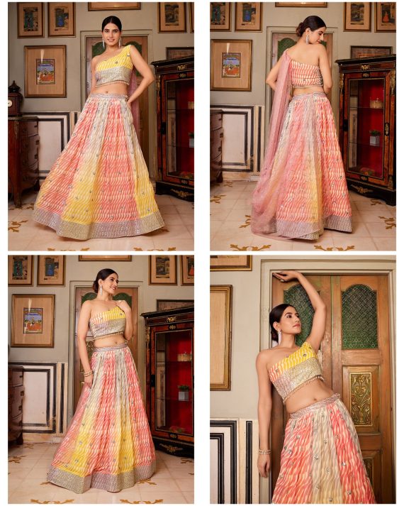 Party Wear Multi Coloured Leheriya Embroidered With Printed Organza Silk Lehenga Choli