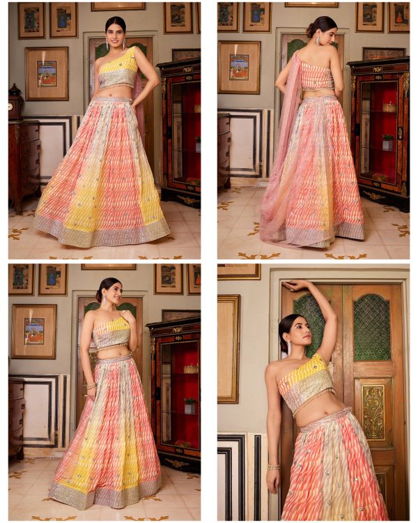 Party Wear Multi Coloured Leheriya Embroidered With Printed Organza Silk Lehenga Choli