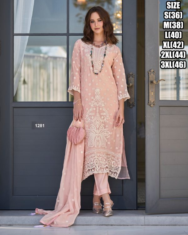 Beautiful Embroidered Work Soft Organza Kurti With Silk Pant Set For Women