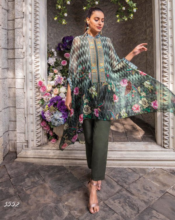 Ethnicrang Launching New Collections, Designer Cape Style Printed Viscose And Chiffon Top With Linen Cotton Bottom