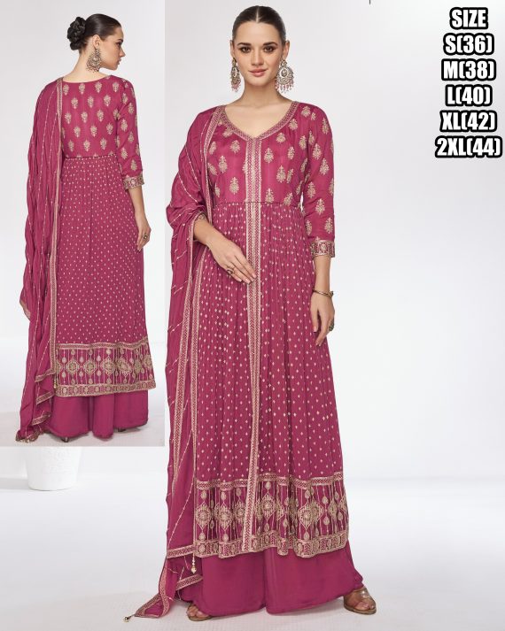 Stitched Chinnon And Georgette Embroidered Readymade Three Piece Suit Set For Women